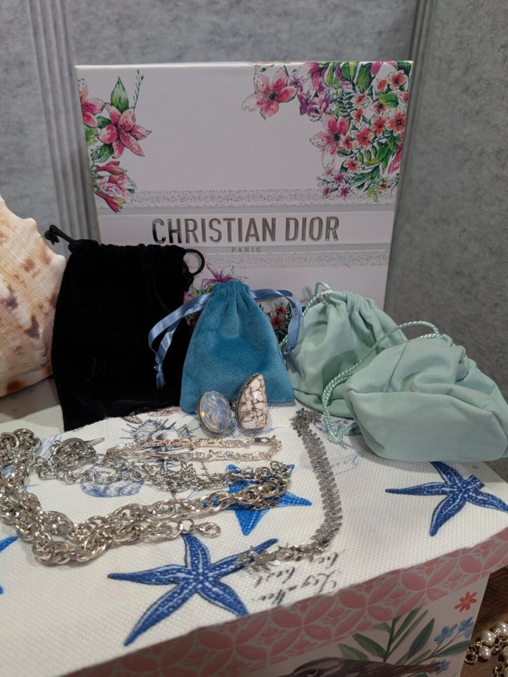 Christian Dior Box & Jared Bag Jewelry Bundle Set - Boho Silver Tone Lot